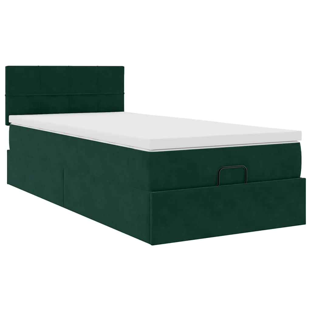 Pouf Letto con Materasso e LED Verde Scuro 90x200cm in Velluto