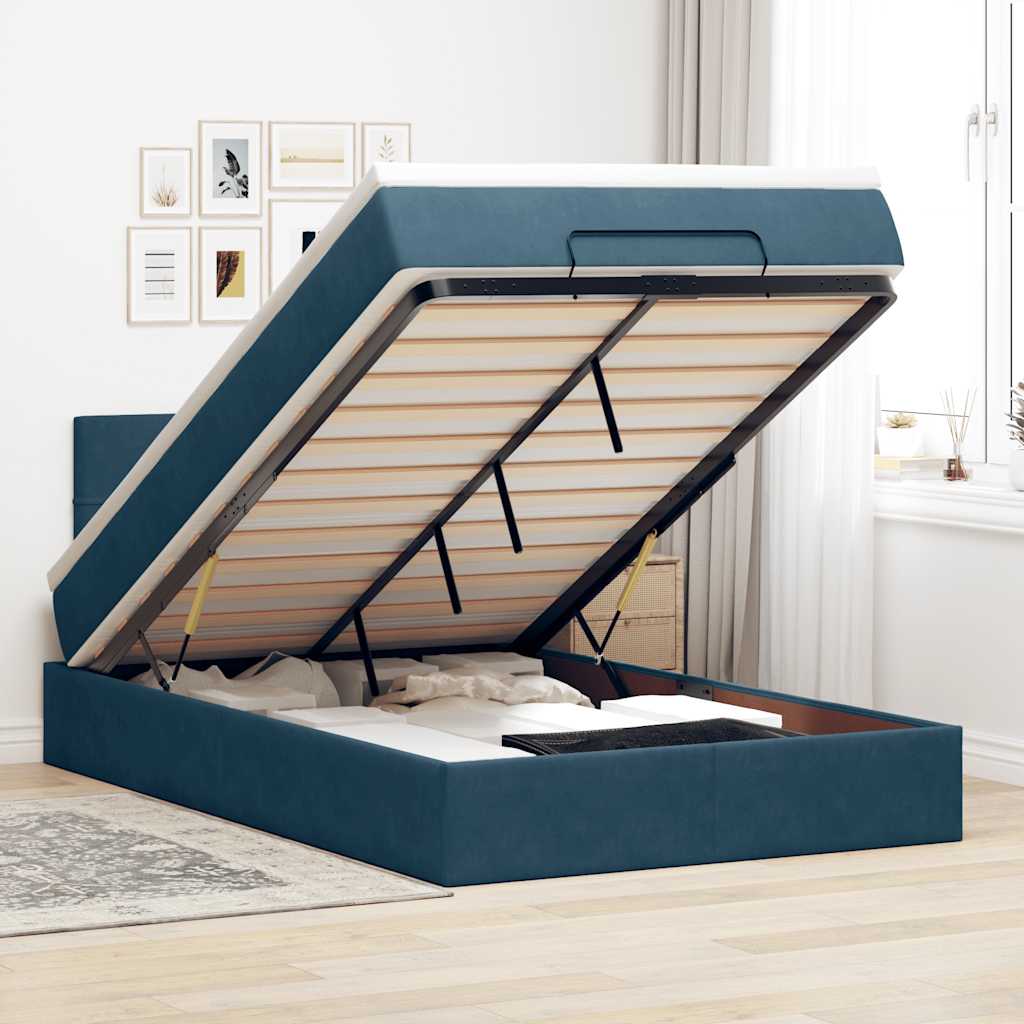 Pouf Letto con Materasso e LED Blu Scuro 120x190cm in Velluto | homemem39
