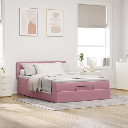 Struttura Letto Pouf con Materasso Rosa 140x190 cm in Velluto