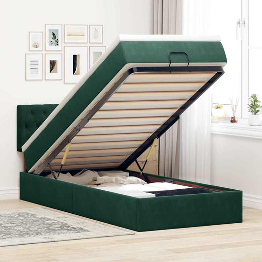 Pouf Letto con Materasso e LED Verde Scuro 90x200cm in Velluto