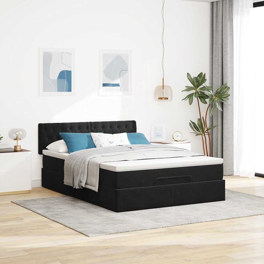 Struttura Letto Pouf con Materasso Nero 140x200 cm in Velluto
