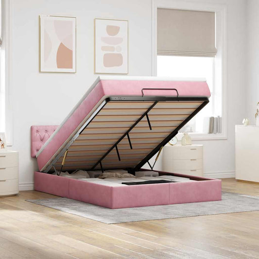 Struttura Letto Pouf con Materasso Rosa 140x200 cm in Velluto