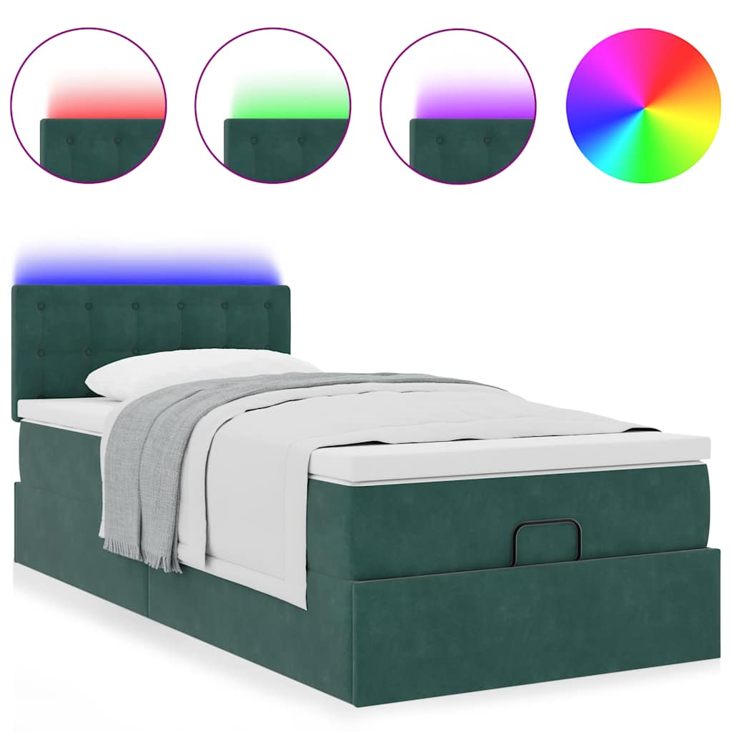 Pouf Letto con Materasso e LED Verde Scuro 80x200cm in Velluto