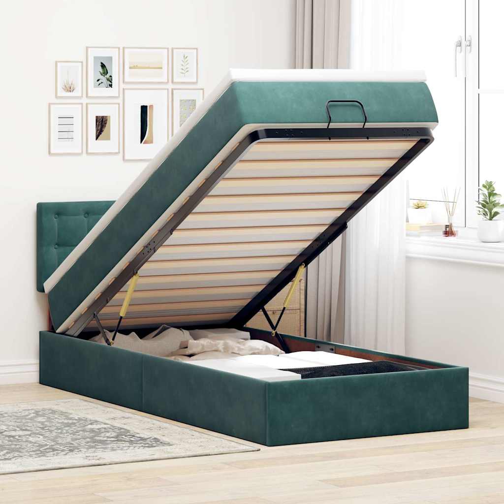 Pouf Letto con Materasso e LED Verde Scuro 80x200cm in Velluto