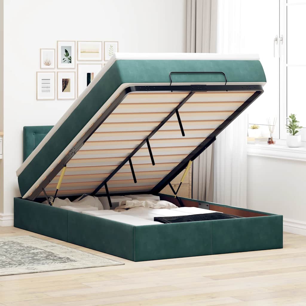 Pouf Letto con Materasso e LED Verde Scuro 120x190cm in Velluto