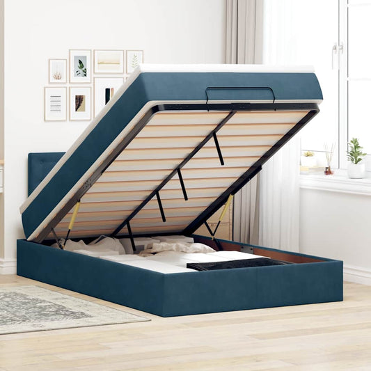Struttura Letto Pouf con Materasso Blu Scuro 120x200 cm Velluto