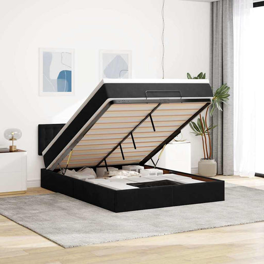 Struttura Letto Pouf con Materasso Nero 140x200 cm in Velluto