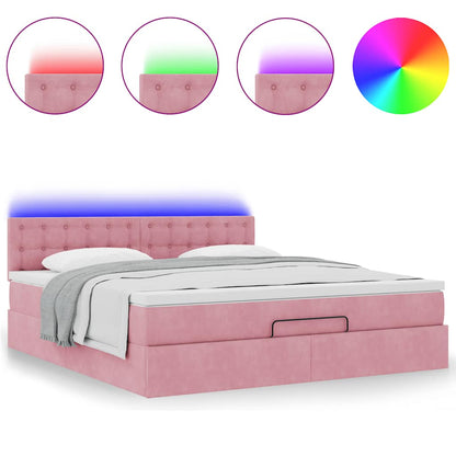 Struttura Letto Pouf con Materasso Rosa 160x200 cm in Velluto