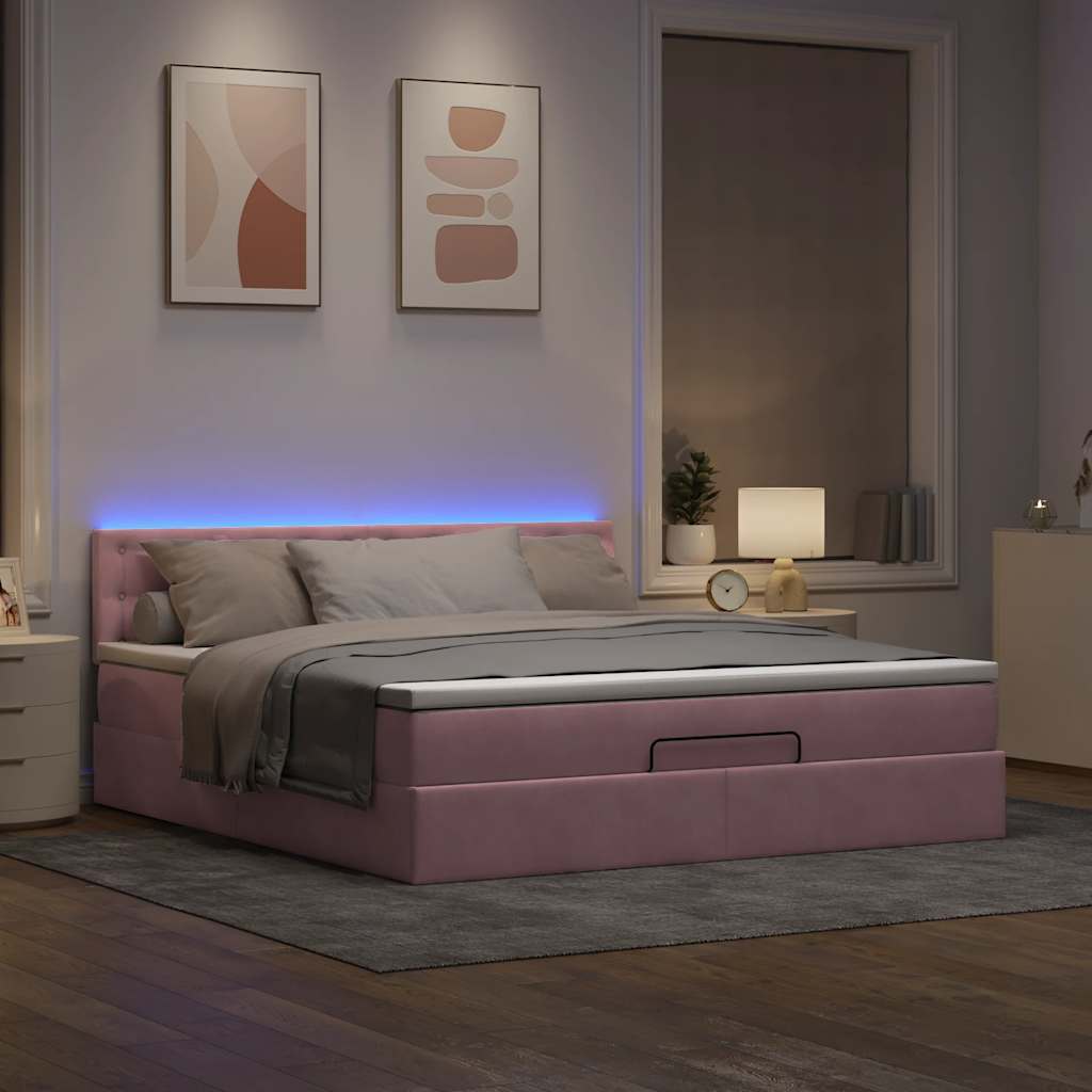 Pouf Letto con Materasso e LED Rosa 180x200cm in Velluto | homemem39
