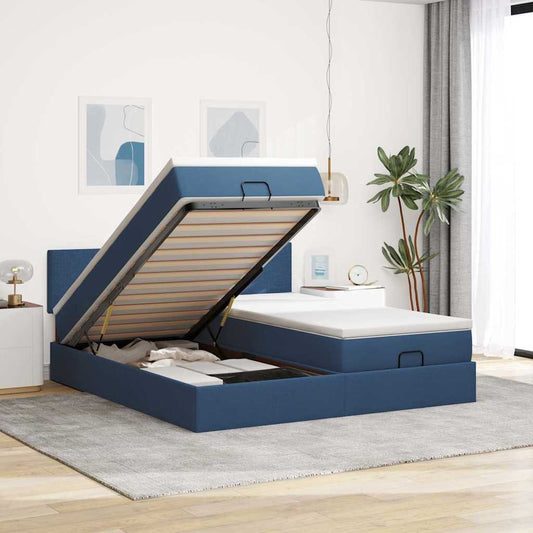 Struttura Letto Pouf con Materassi Blu 160x200 cm in Tessuto