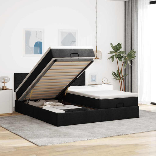 Struttura Letto Pouf con Materassi Nero 200x200 cm in Tessuto