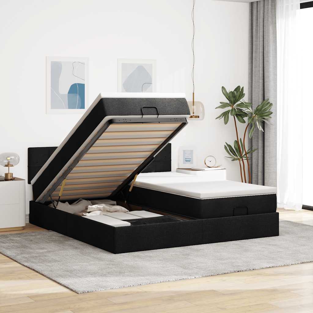 Struttura Letto Pouf con Materassi Nero 200x200 cm in Tessuto