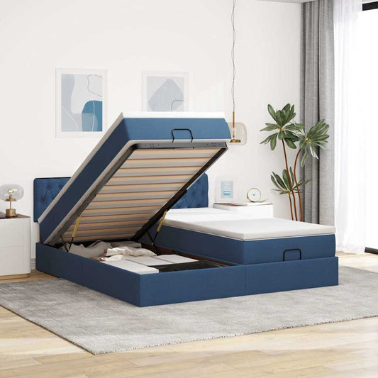 Struttura Letto Pouf con Materassi Blu 160x200 cm in Tessuto