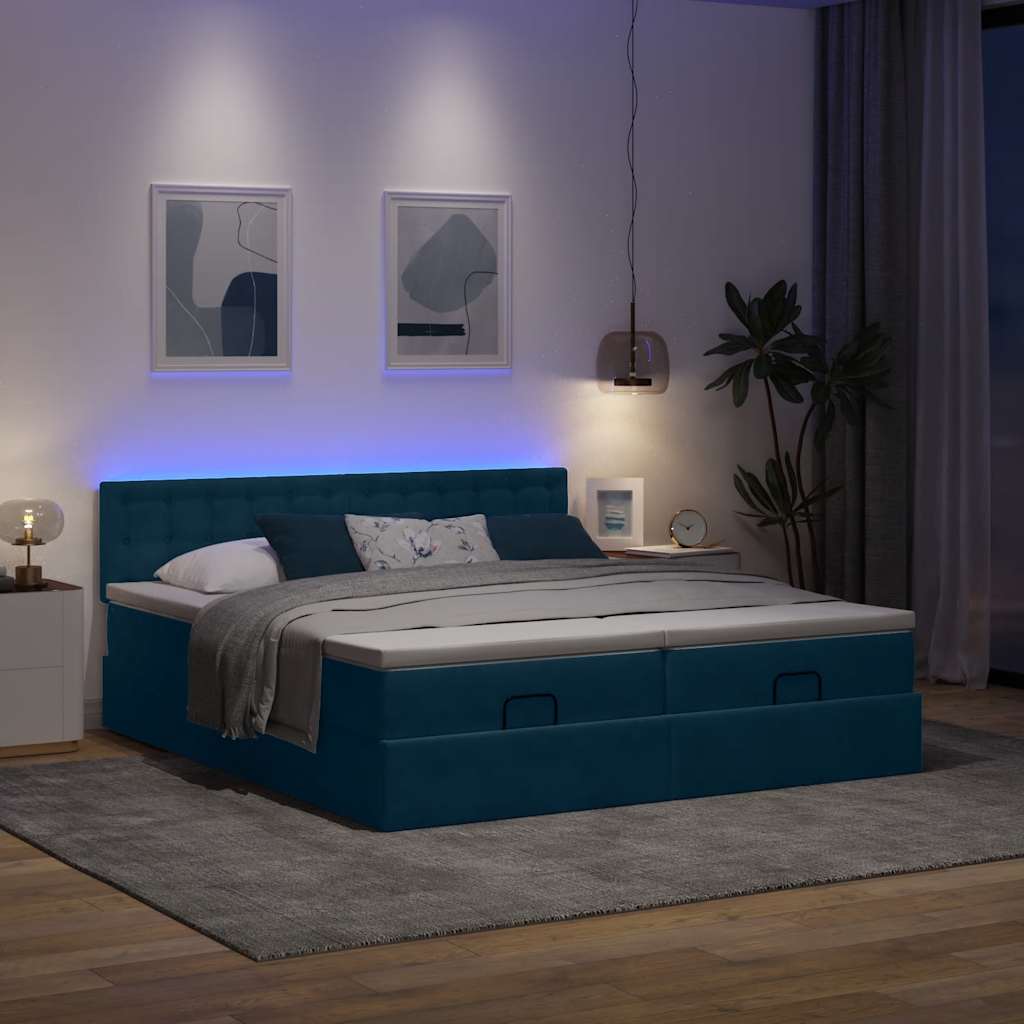 Pouf Letto con Materassi e LED Blu Scuro 200x200cm Velluto | homemem39