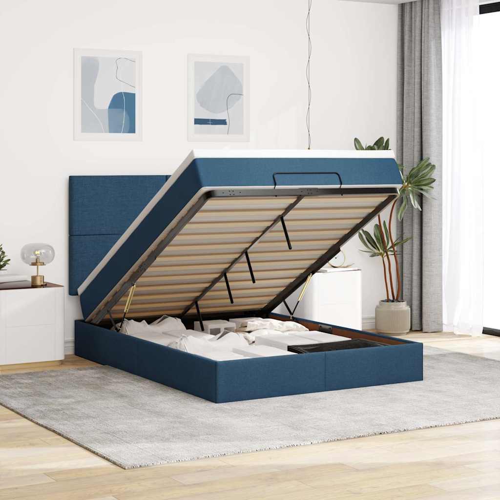 Struttura Letto Pouf con Materasso Blu 140x190 cm in Tessuto | homemem39