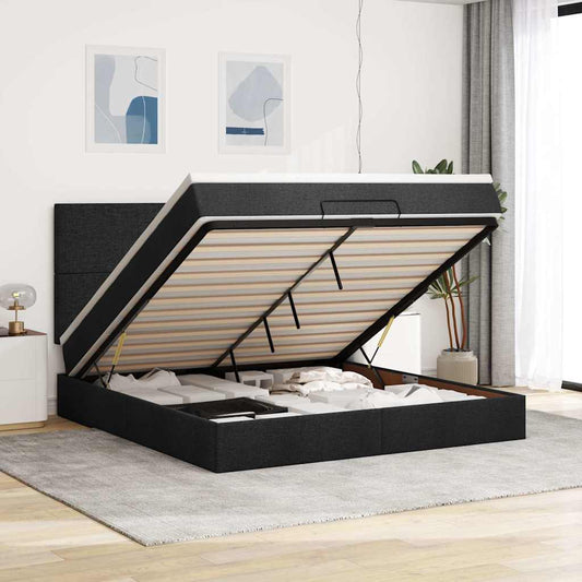 Struttura Letto Pouf con Materasso Nero 180x200 cm in Tessuto