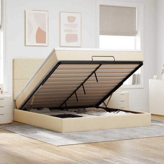 Struttura Letto Pouf con Materasso Crema 180x200 cm in Tessuto