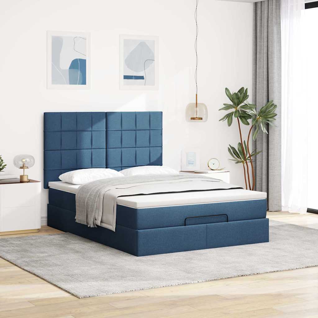 Struttura Letto Pouf con Materasso Blu 140x190 cm in Tessuto | homemem39