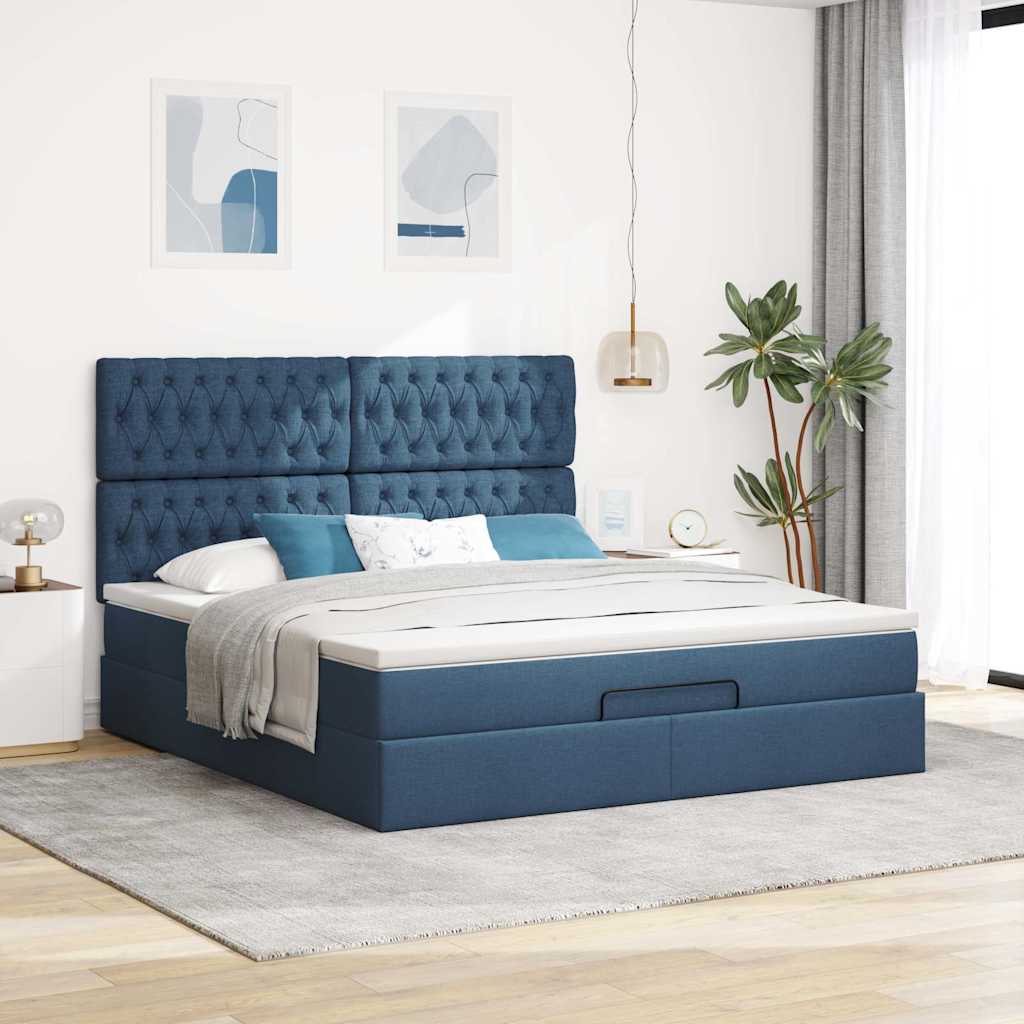 Struttura Letto Pouf con Materasso Blu 160x200 cm in Tessuto | homemem39
