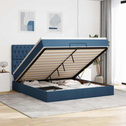 Struttura Letto Pouf con Materasso Blu 160x200 cm in Tessuto | homemem39