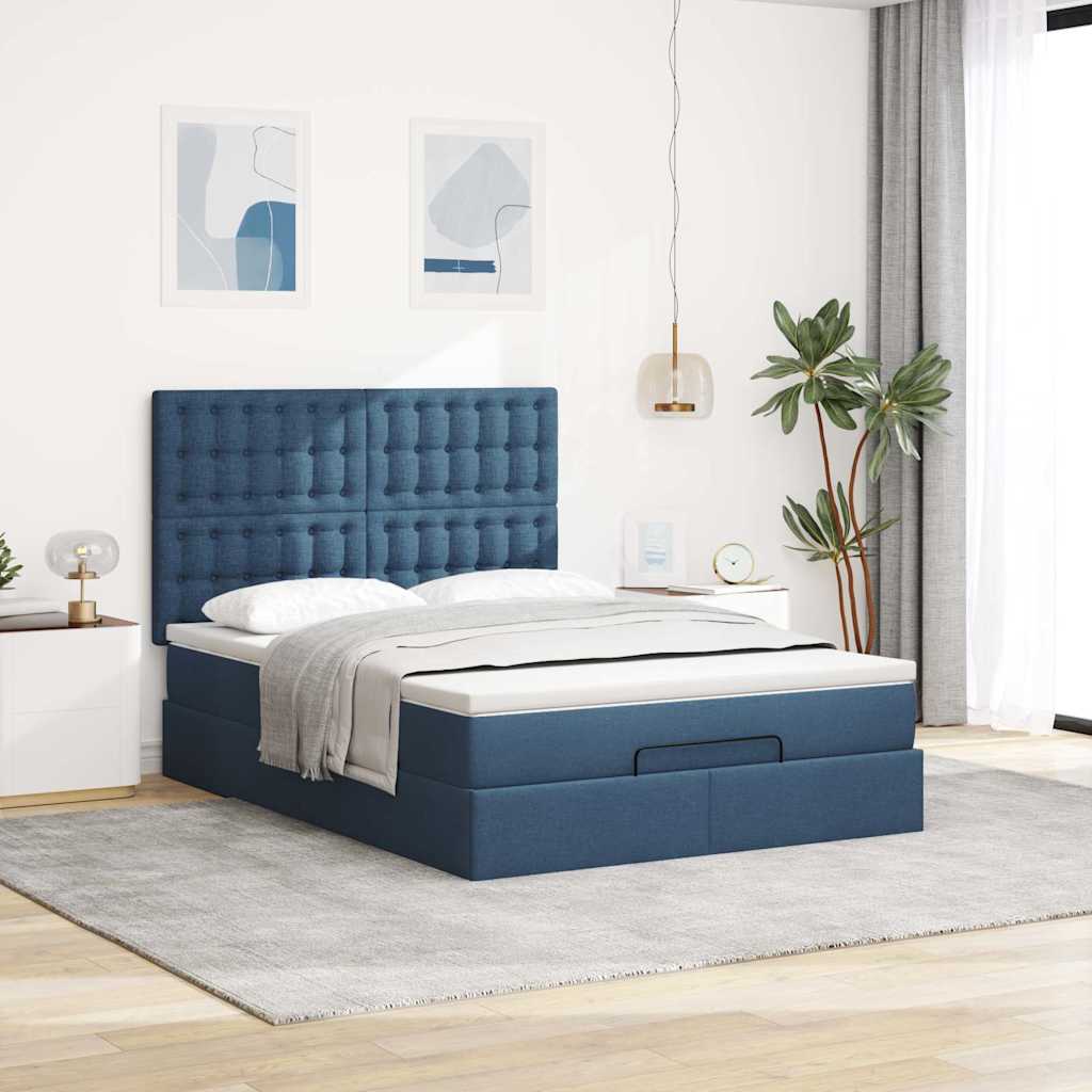 Struttura Letto Pouf con Materasso Blu 140x190 cm in Tessuto | homemem39