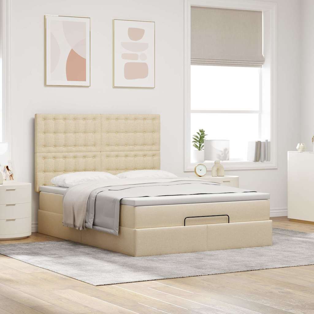 Struttura Letto Pouf con Materasso Crema 140x200 cm in Tessuto | homemem39