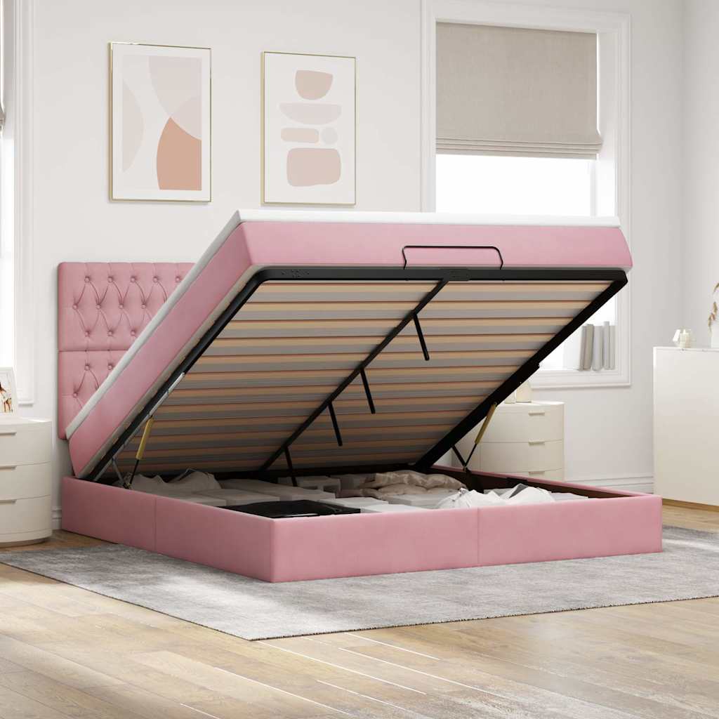 Struttura Letto Pouf con Materassi Rosa 160x200 cm Velluto | homemem39