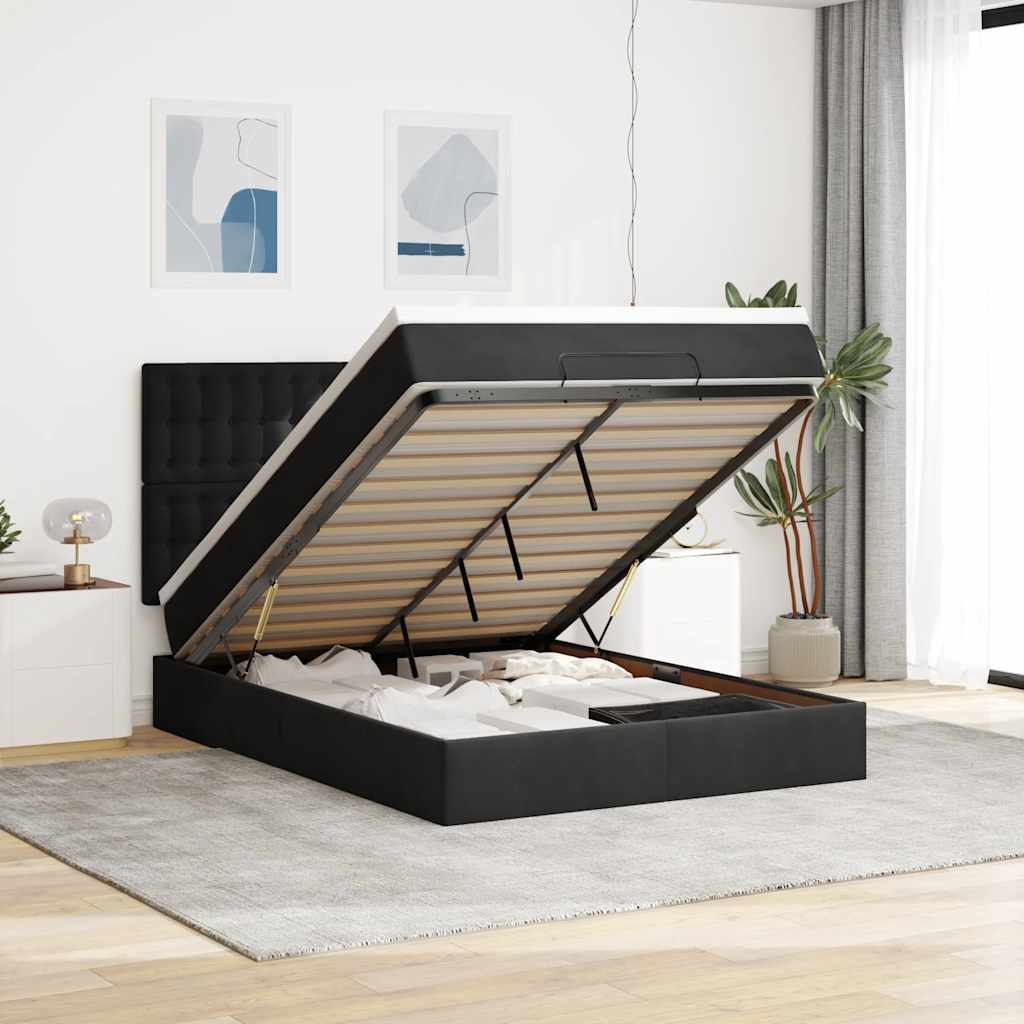 Struttura Letto Pouf con Materassi Nero 140x190 cm in Velluto