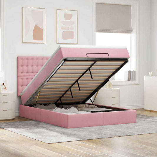 Struttura Letto Pouf con Materassi Rosa 140x190 cm in Velluto | homemem39