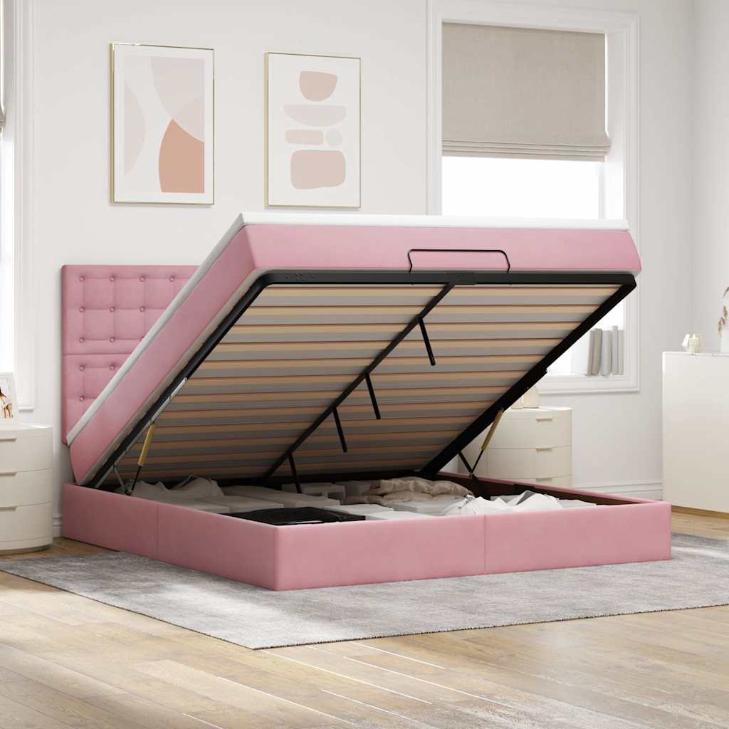 Struttura Letto Pouf con Materassi Rosa 160x200 cm Velluto | homemem39