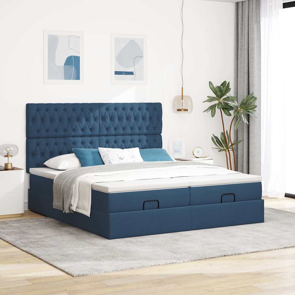 Struttura Letto Pouf con Materassi Blu 160x200 cm in Tessuto