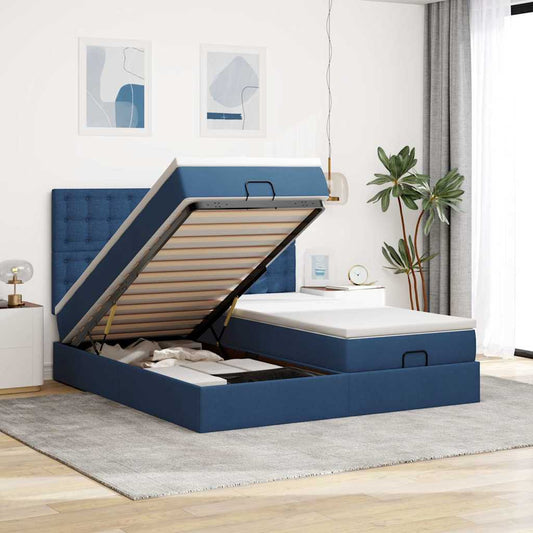 Struttura Letto Pouf con Materassi Blu 160x200 cm in Tessuto