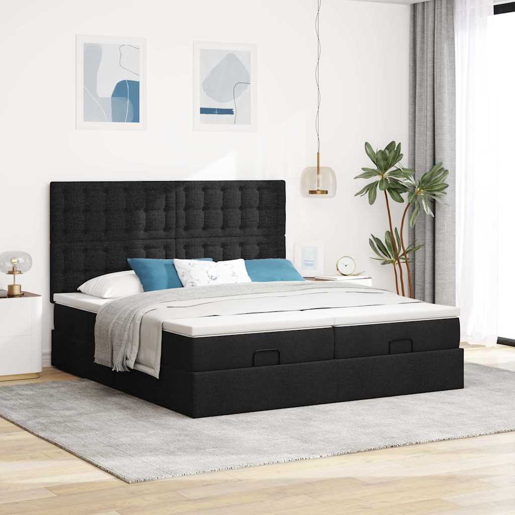 Struttura Letto Pouf con Materassi Nero 180x200 cm in Tessuto