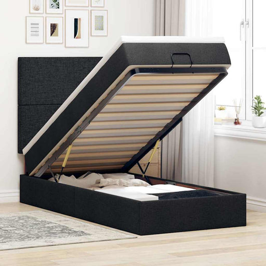 Struttura Letto Pouf con Materasso Nero 100x200 cm in Tessuto