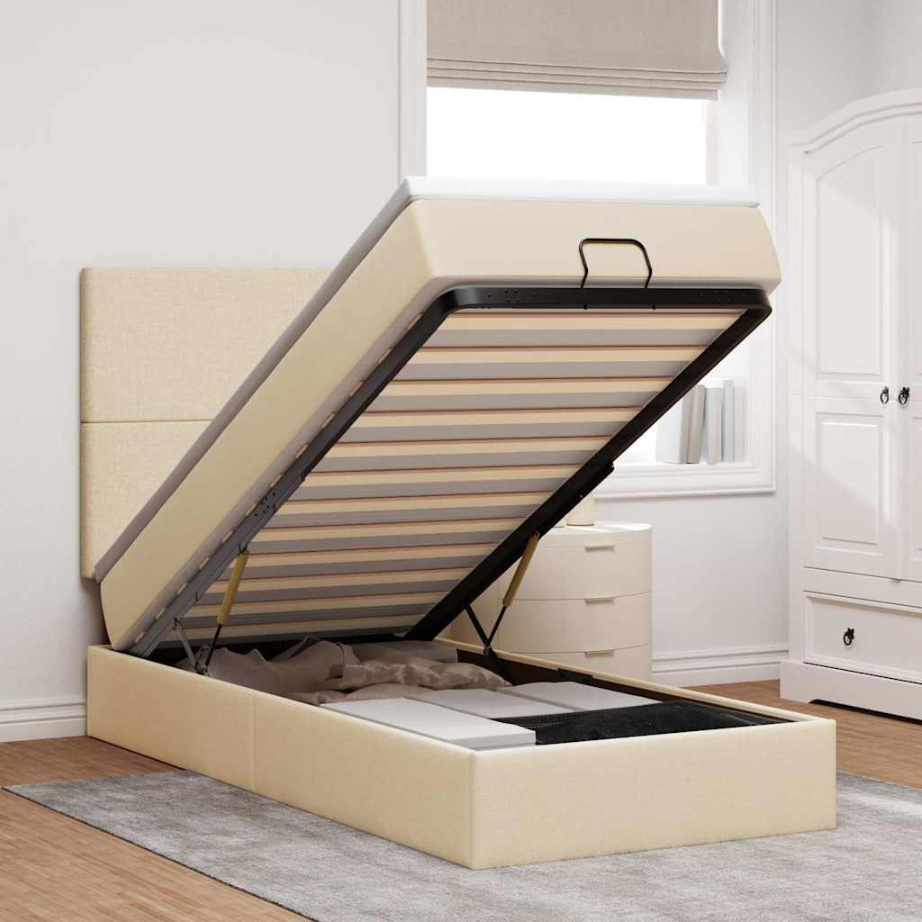 Struttura Letto Pouf con Materasso Crema 100x200 cm in Tessuto