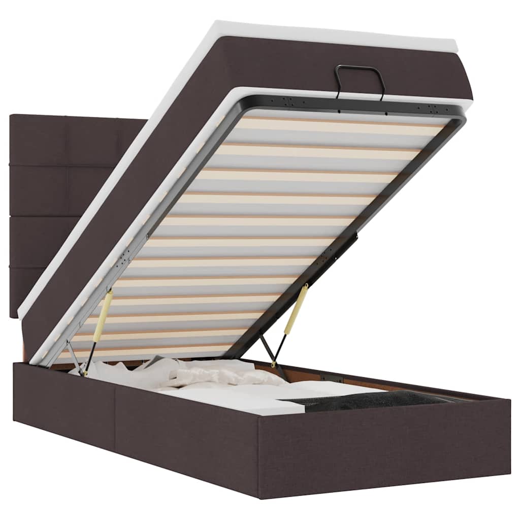 Pouf Letto con Materasso e LED Marrone Scuro 90x200 cm Tessuto