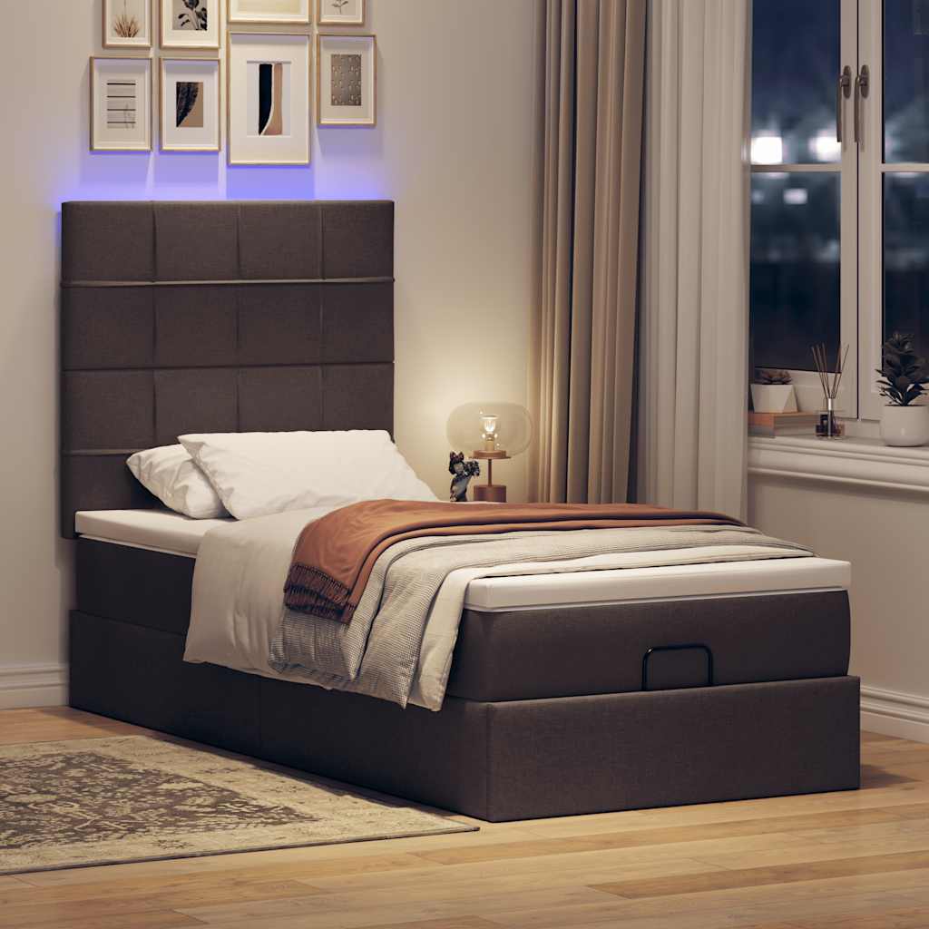Pouf Letto con Materasso e LED Marrone Scuro 90x200 cm Tessuto