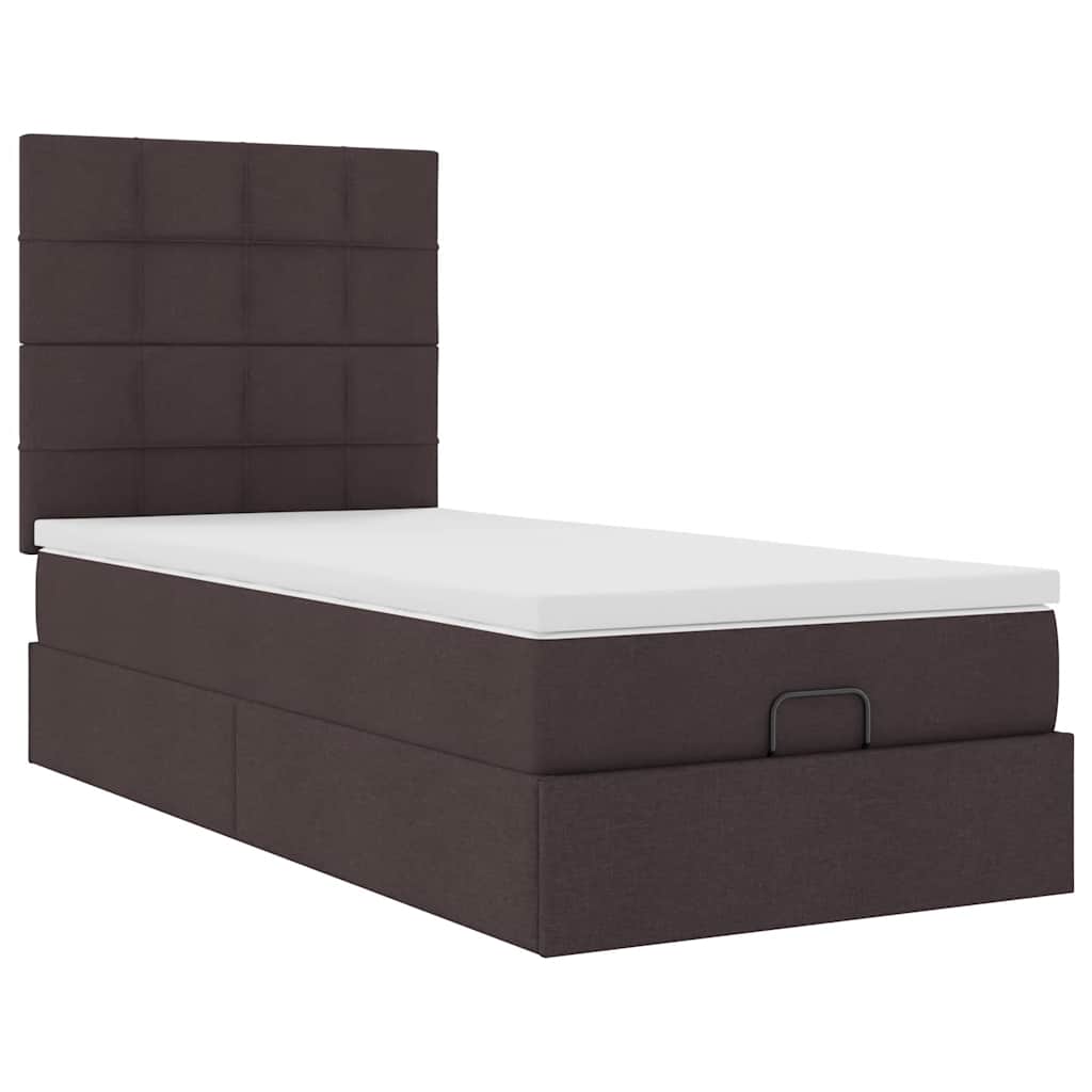 Pouf Letto con Materasso e LED Marrone Scuro 90x200 cm Tessuto