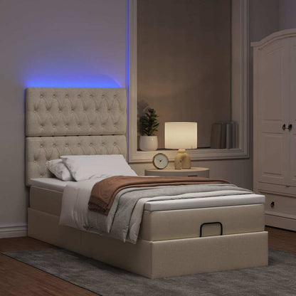 Pouf Letto con Materasso e LED Crema 90x200 cm in Tessuto