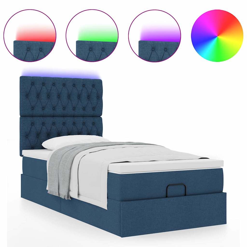 Pouf Letto con Materasso e LED Blu 100x200 cm in Tessuto