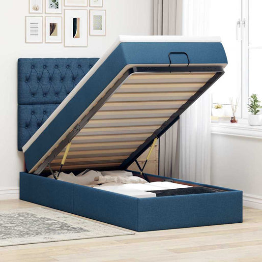 Pouf Letto con Materasso e LED Blu 100x200 cm in Tessuto