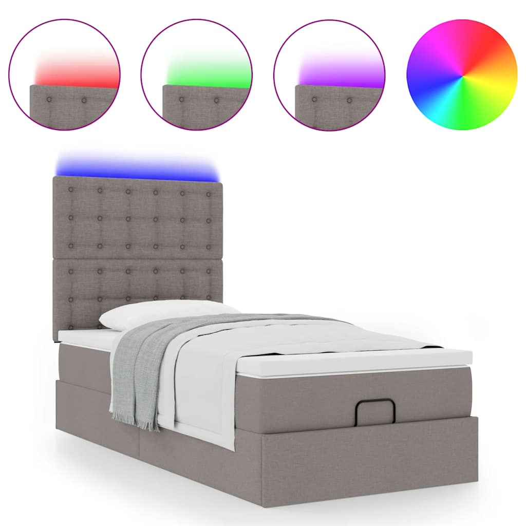 Pouf Letto con Materasso e LED Tortora 90x200 cm in Tessuto