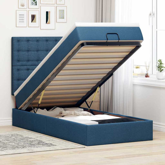 Pouf Letto con Materasso e LED Blu 90x200 cm in Tessuto