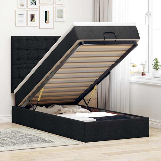 Struttura Letto Pouf con Materasso Nero 100x200 cm in Tessuto