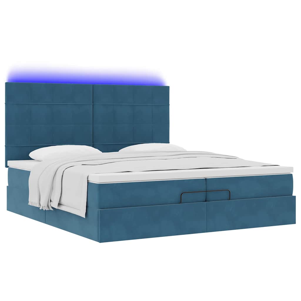 Pouf Letto con Materassi e LED Blu Scuro 200x200cm Velluto