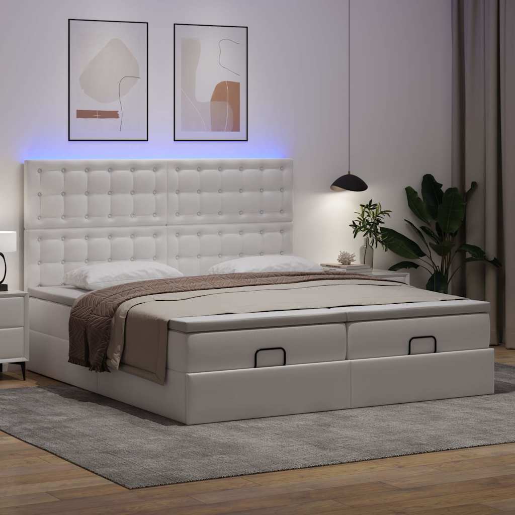 Pouf Letto con Materassi e LED Bianco Puro 180x200cm Similpelle