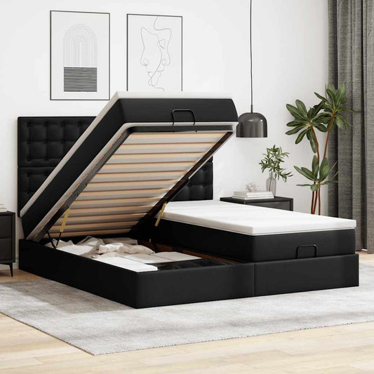 Struttura Letto Pouf con Materassi Nero 200x200 cm Similpelle