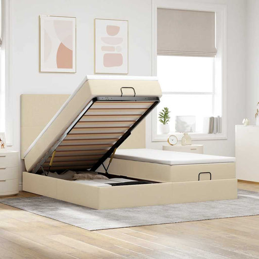 Struttura Letto Pouf con Materassi Crema 200x200 cm in Tessuto