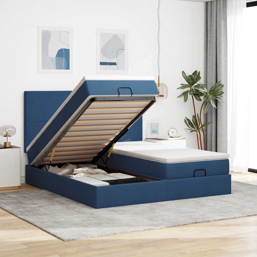 Struttura Letto Pouf con Materassi Blu 200x200 cm in Tessuto