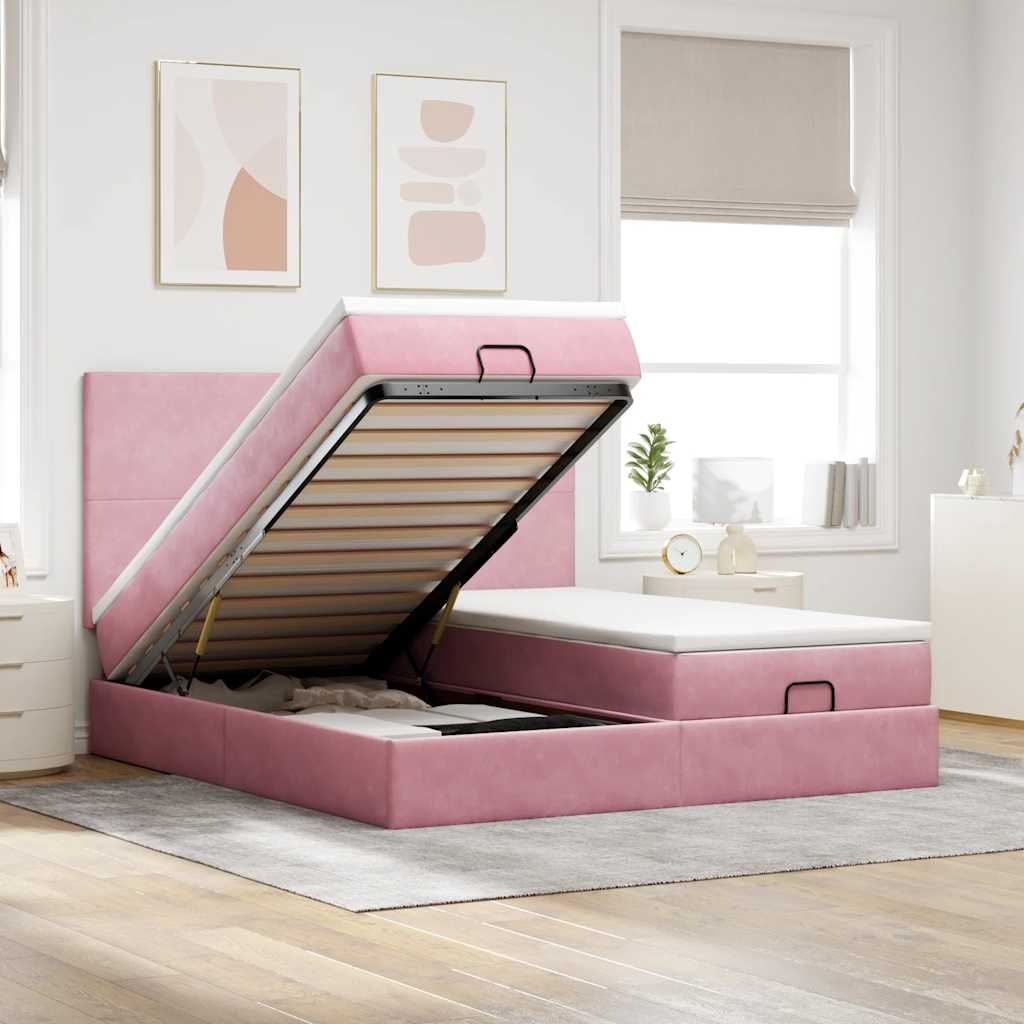 Struttura Letto Pouf con Materassi Rosa 160x200 cm Velluto | homemem39
